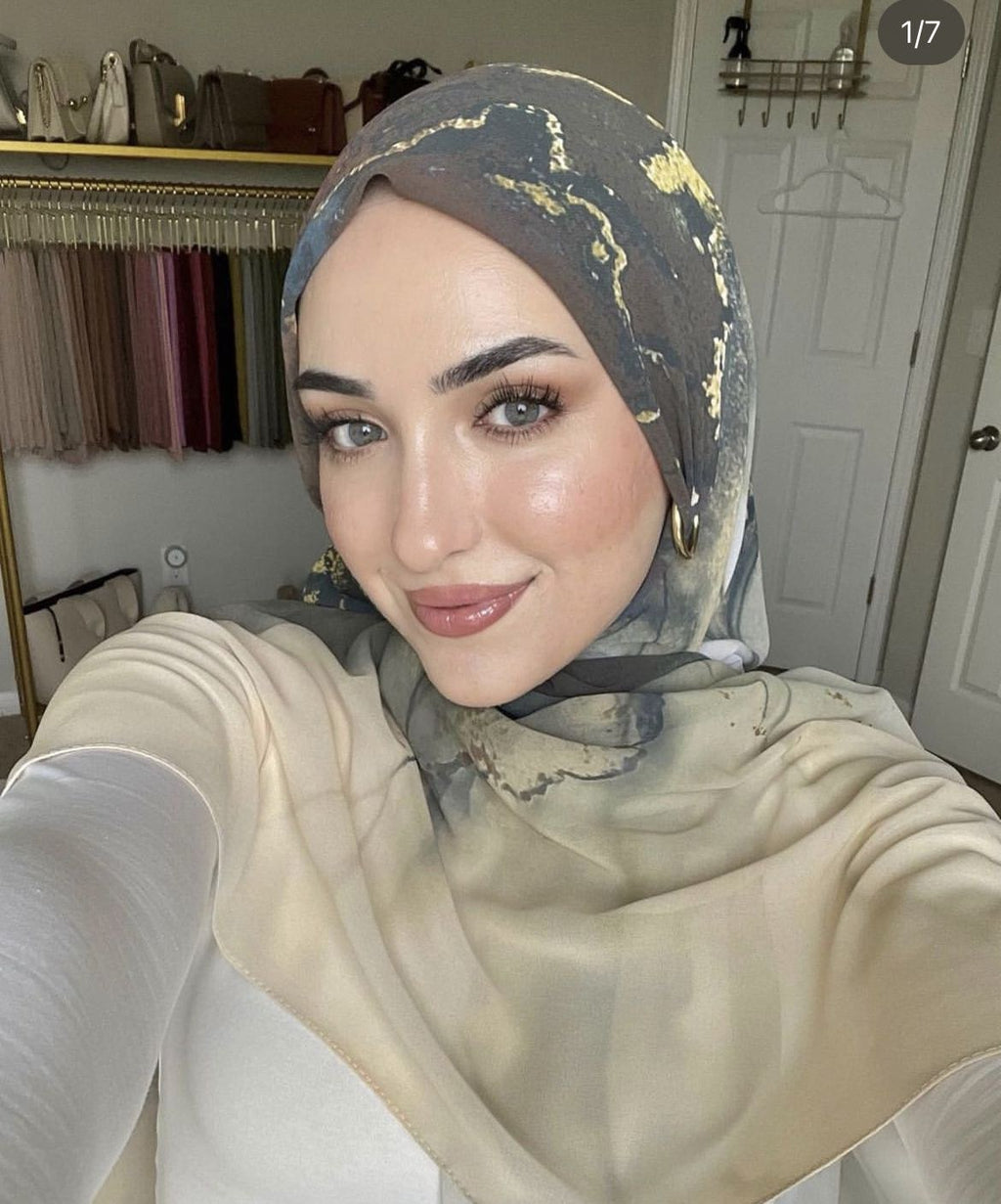 RY47 Grey Blue Gold Foil Marble Hijab Shawl – Luxury Watercolor Ombre Women's Head Scarf (80×180cm)
