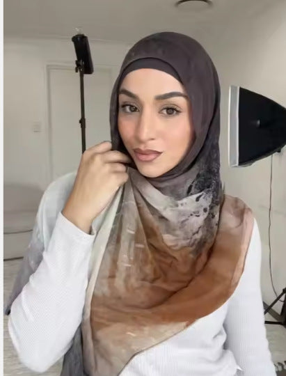 RY58 Charcoal Grey to Camel Brown Ombre Hijab Shawl – Ink Floral Watercolor Women's Head Scarf (80×180cm)