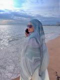 RY142 Ice Blue White Marble Cloud Hijab Shawl – Coastal Watercolor Women's Head Scarf (80×180cm)