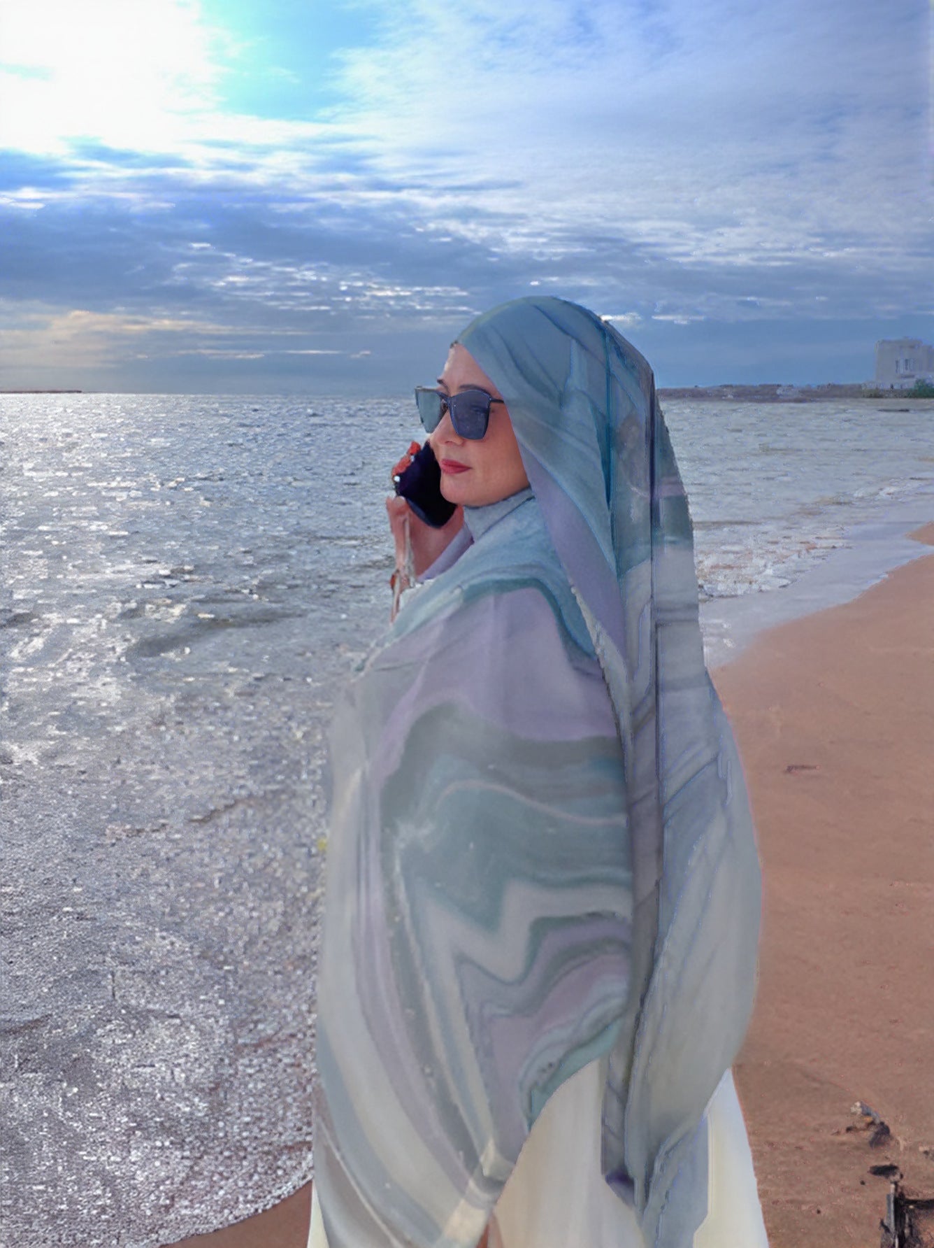 RY142 Ice Blue White Marble Cloud Hijab Shawl – Coastal Watercolor Women's Head Scarf (80×180cm)