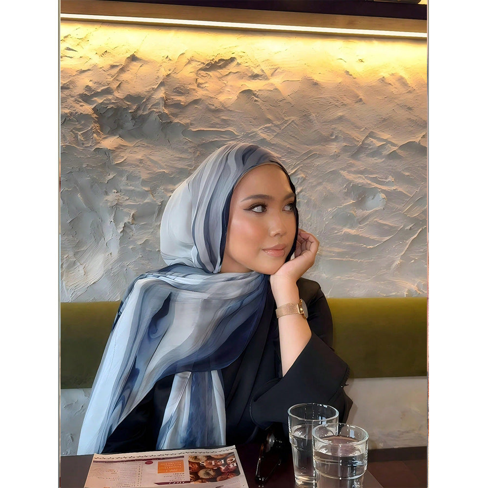 RY103 Navy Blue Grey Cloud Wash Hijab Shawl – Storm Watercolor Women's Head Scarf (80×180cm)