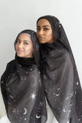RY30 Black Celestial Star & Moon Hijab Shawl – Galaxy Print Women's Head Scarf (80×180cm)