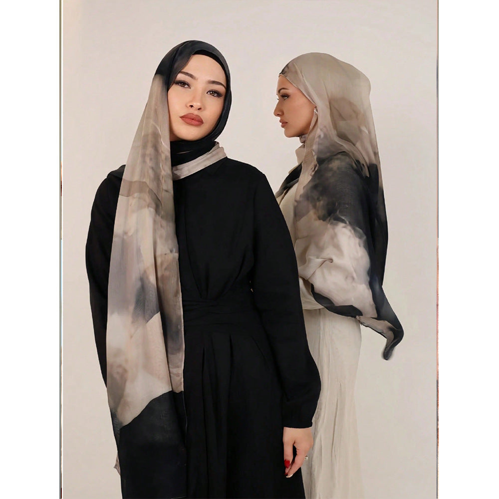 RY109 Taupe Grey Black Ink Cloud Hijab Shawl – Smoke Watercolor Women's Head Scarf (80×180cm)
