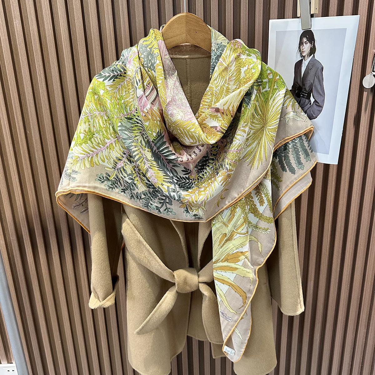 HJ11 Silk Cashmere Scarf - Warm Wool Square Shawl Tropical Print