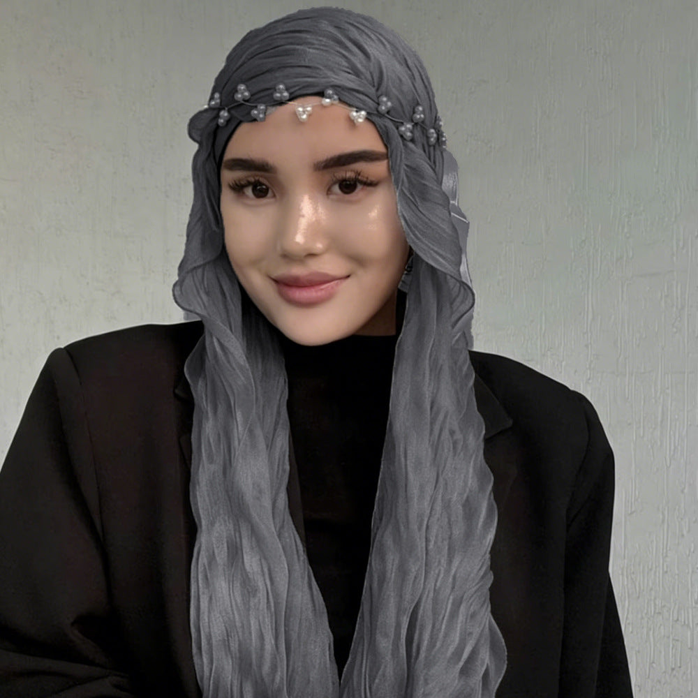 RY313 Dark Gray Crinkled Tulle Hijab Scarf – Glossy Stretch Breathable Headscarf