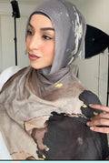 RY61 Grey Camel Black Ink Splash Ombre Hijab Shawl – Abstract Watercolor Women's Head Scarf (80×180cm)