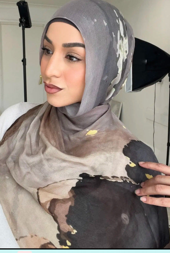 RY61 Grey Camel Black Ink Splash Ombre Hijab Shawl – Abstract Watercolor Women's Head Scarf (80×180cm)