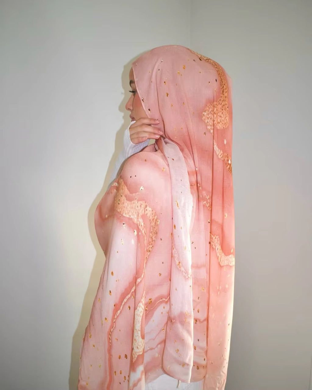 RY67 Blush Pink Rose Gold Foil Marble Hijab Shawl – Stardust Watercolor Women's Head Scarf (80×180cm)