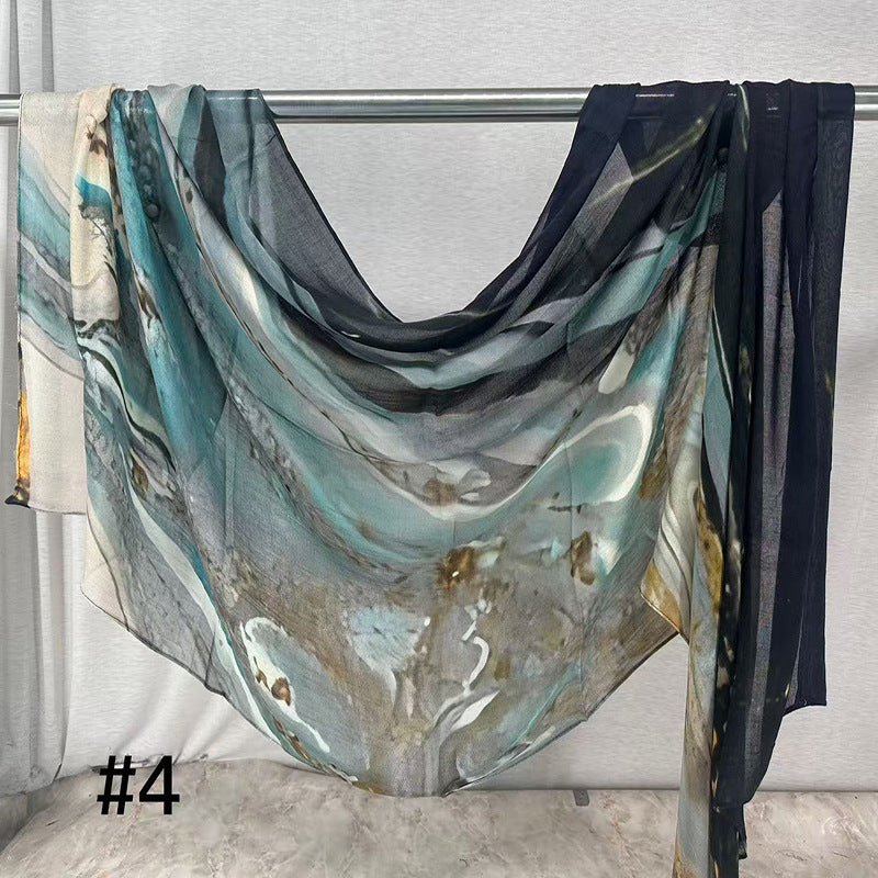 HJ01 Muslim Hijab Scarf - Soft Modal Ink Print Headscarf for Women | Breathable Lightweight Shawl