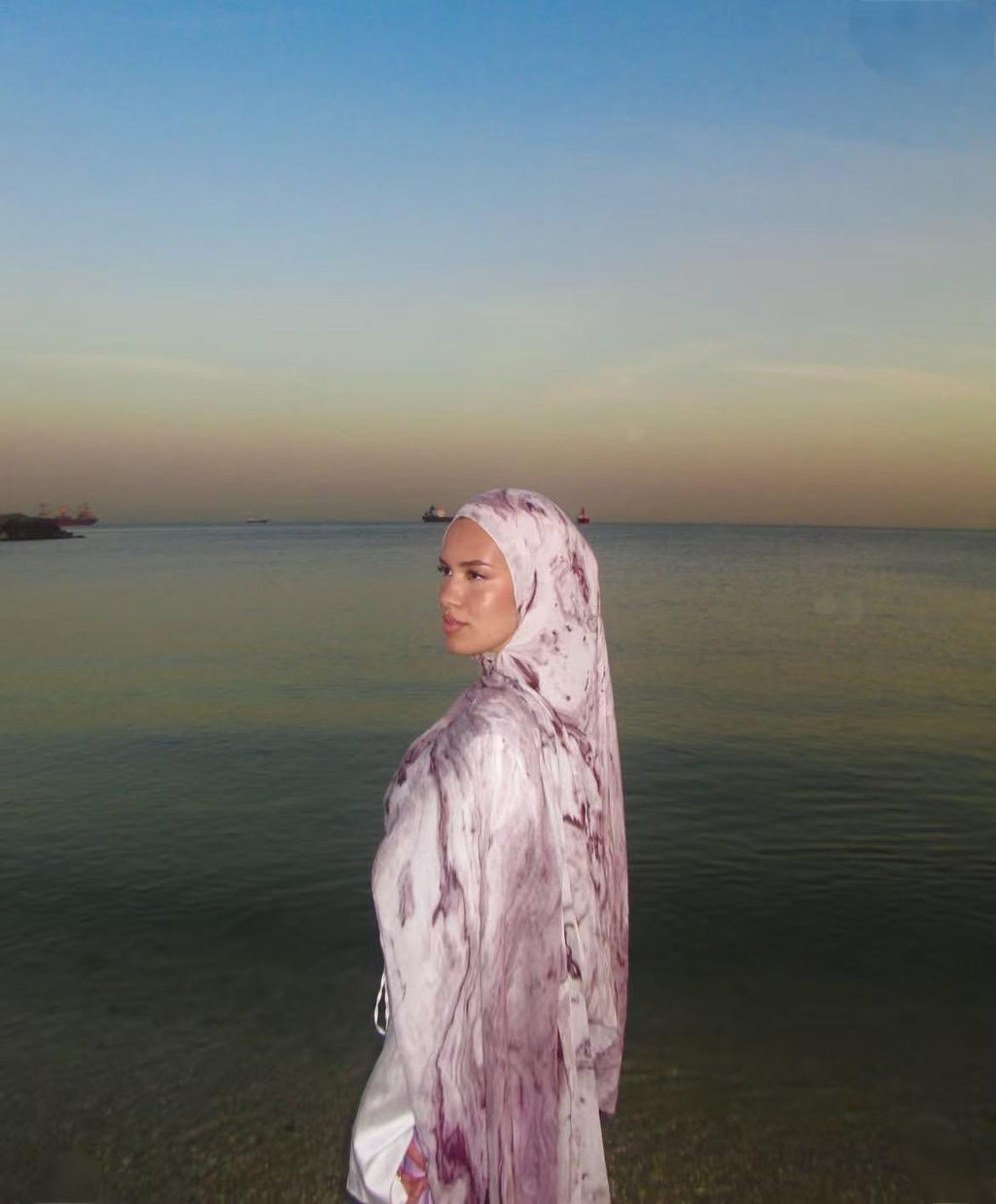 RY102 White Lavender Marble Ink Hijab Shawl – Floral Watercolor Women's Head Scarf (80×180cm)