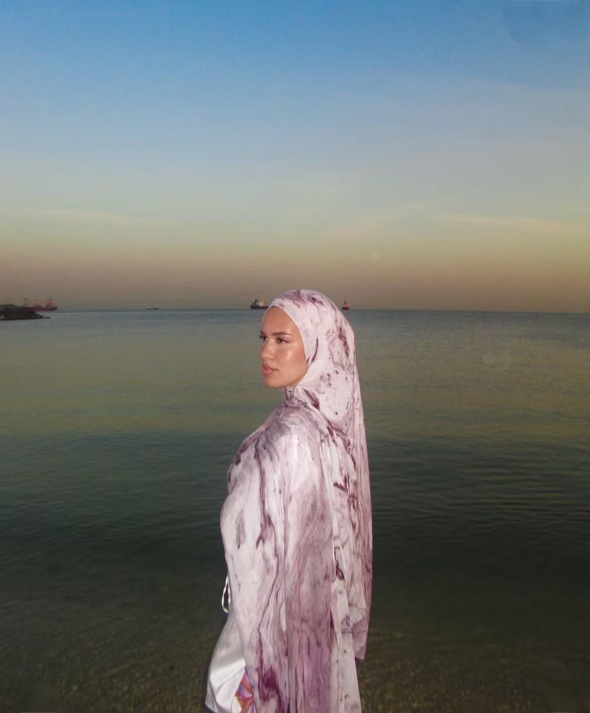 RY102 White Lavender Marble Ink Hijab Shawl – Floral Watercolor Women's Head Scarf (80×180cm)