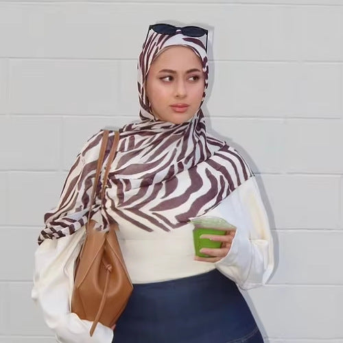 RY117 Cream Brown Zebra Print Hijab Shawl – Watercolor Animal Women's Head Scarf (80×180cm)