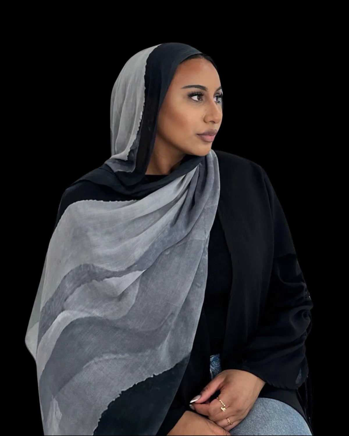 RY128 Black Border Silver Grey Watercolor Hijab Shawl – Ink Wash Women's Head Scarf (80×180cm)