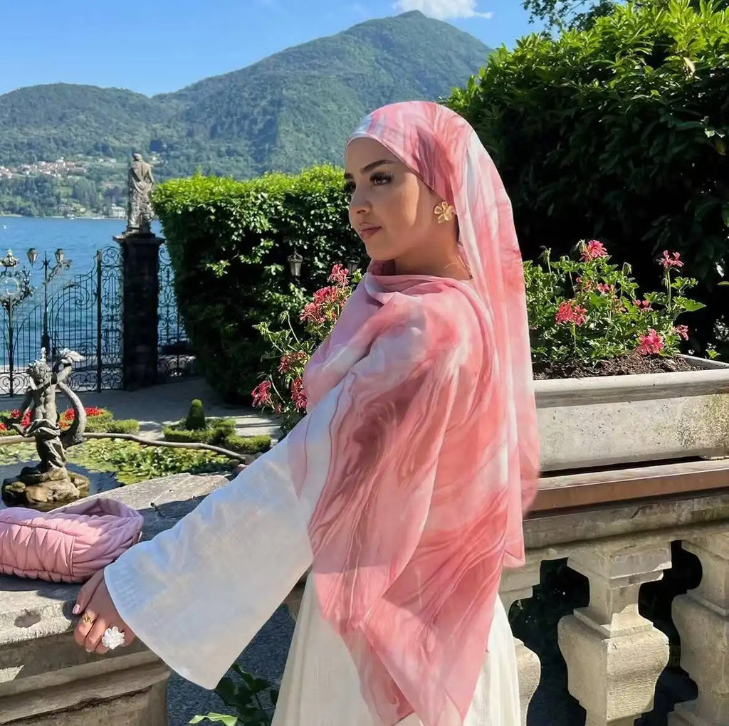 RY65 Coral Pink White Marble Flow Hijab Shawl – Rose Watercolor Women's Head Scarf (80×180cm)