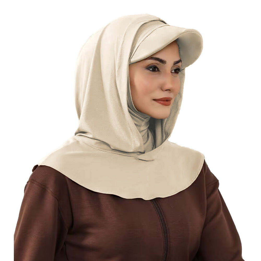 RY206 Modest Full Coverage Hijab Cap with Visor – Beige Neck Cover Headscarf for Muslim Women