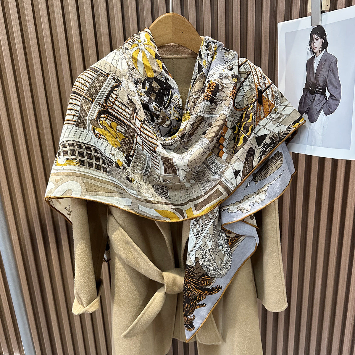 HJ11 Silk Cashmere Scarf - Warm Wool Square Shawl Tropical Print