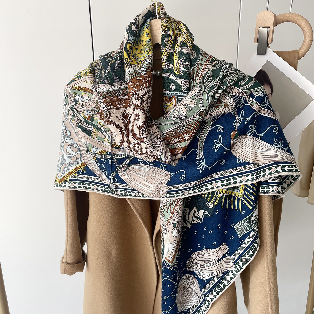 HJ11 Silk Cashmere Scarf - Warm Wool Square Shawl Tropical Print