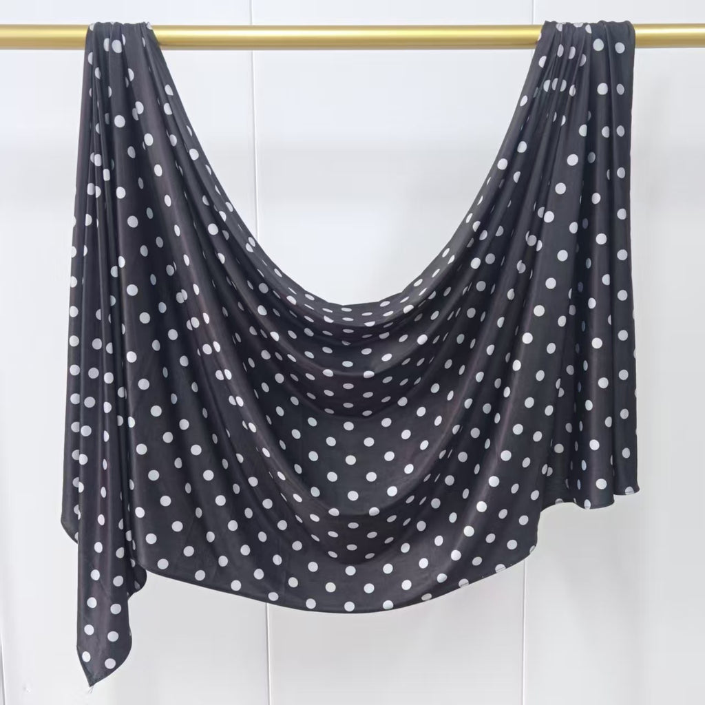 RY221 Black Polka Dot Printed Liquid Jersey Hijab – Soft Premium Drape Scarf