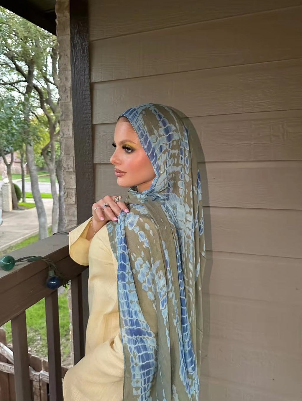 RY99 Olive Green Blue Grey Crackle Net Hijab Shawl – Shibori Texture Women's Head Scarf (80×180cm)