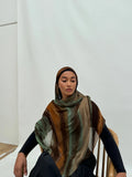 RY139 Olive Green Caramel Brown White Oil Paint Stripe Hijab Shawl – Abstract Women's Head Scarf (80×180cm)
