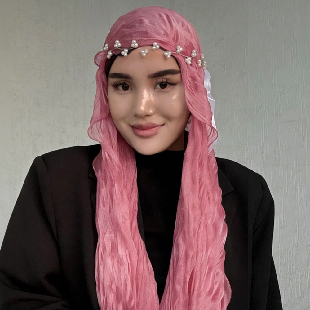 RY309 Rose Pink Crinkled Tulle Hijab Scarf – Glossy Stretch Breathable Headscarf
