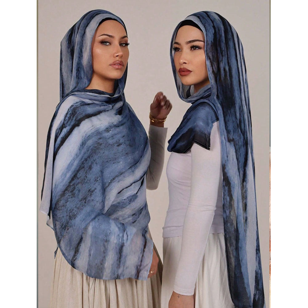 RY107 Denim Blue White Marble Cloud Hijab Shawl – Watercolor Women's Head Scarf (80×180cm)