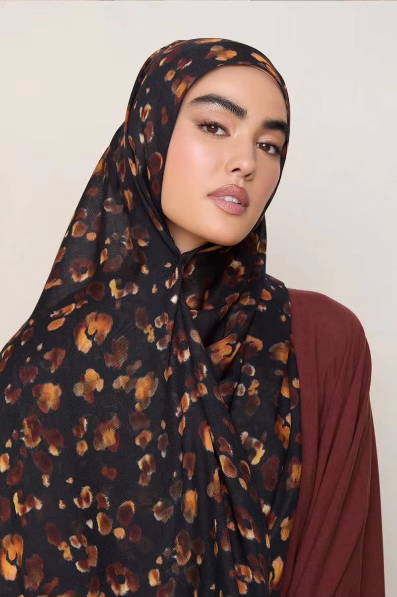 RY124 Black Amber Gold Watercolor Leopard Spot Hijab Shawl – Autumn Women's Head Scarf (80×180cm)