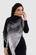RY69 Black to White Marble Ink Flow Hijab Shawl – Storm Watercolor Women's Head Scarf (80×180cm)