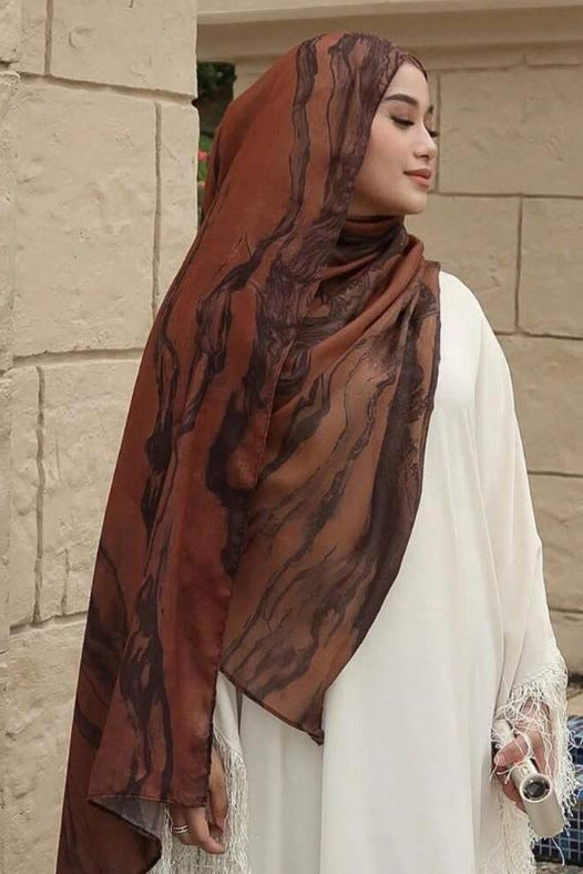 RY53 Brick Red Brown Ink Marble Flow Hijab Shawl – Terracotta Watercolor Women's Head Scarf (80×180cm)