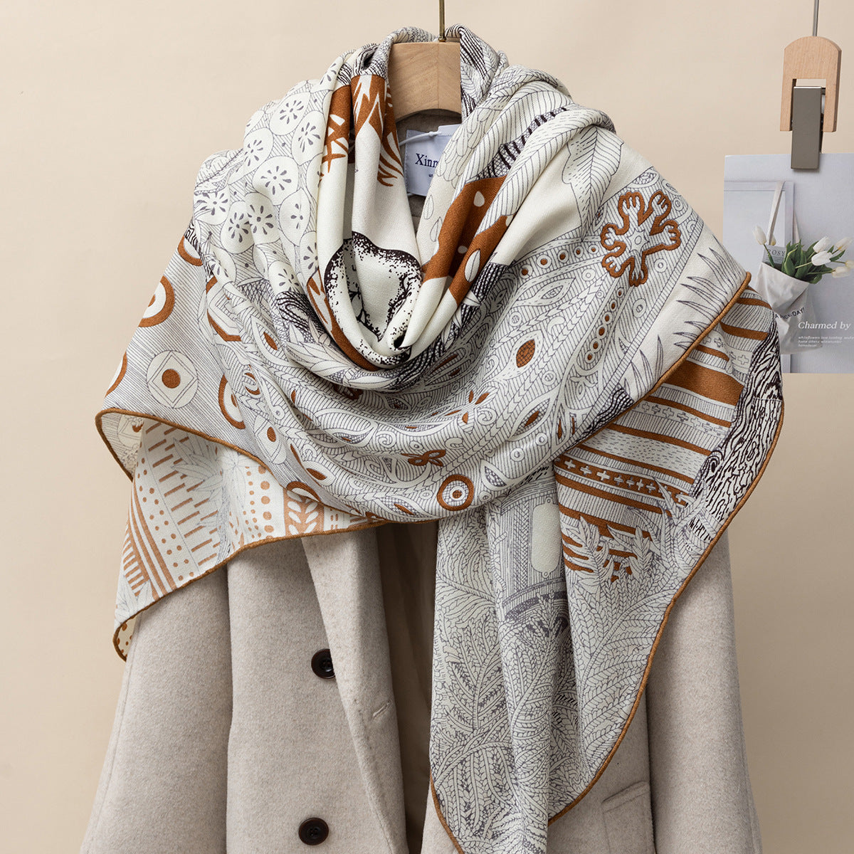 HJ11 Silk Cashmere Scarf - Warm Wool Square Shawl Tropical Print