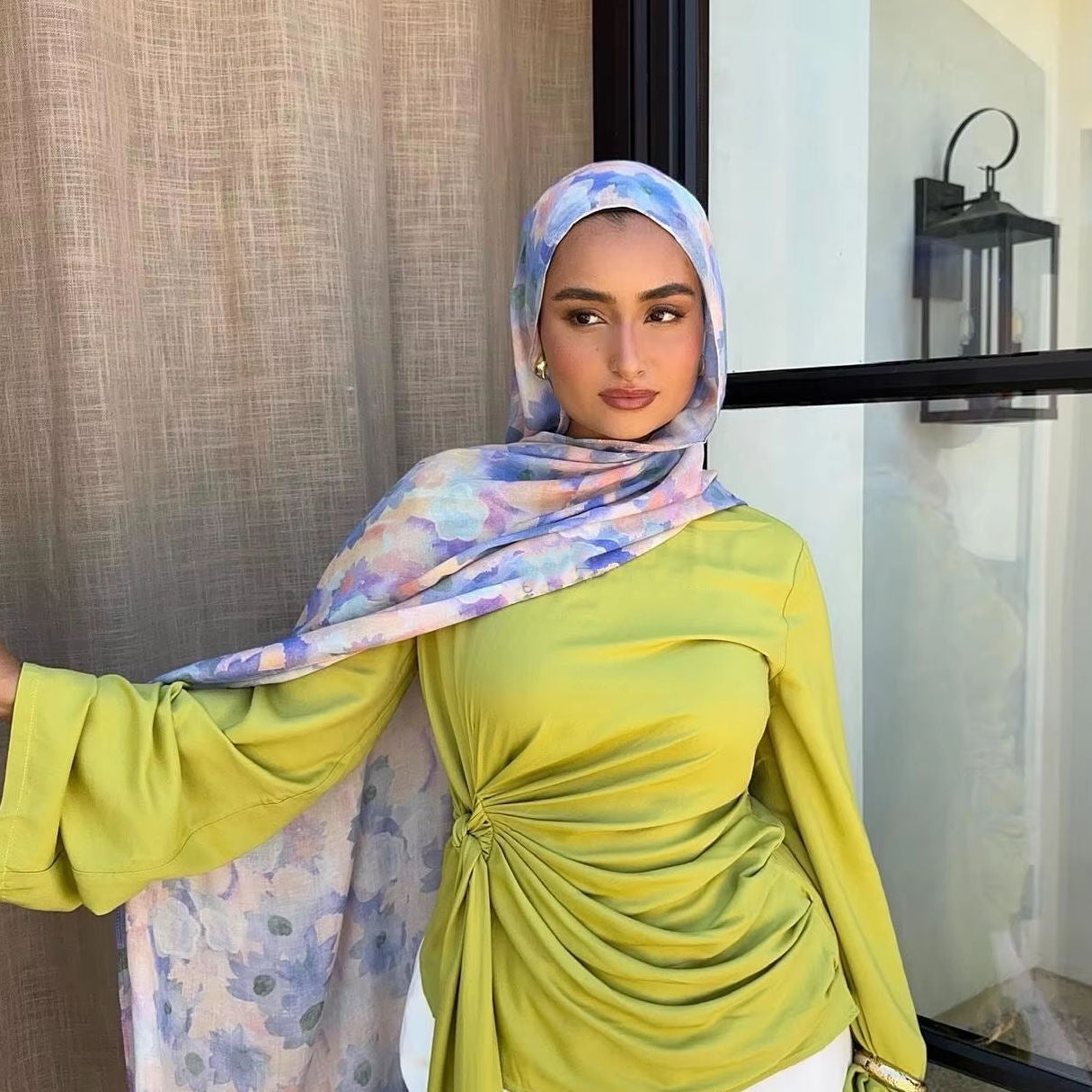 RY123 White Blue Purple Pink Watercolor Floral Hijab Shawl – Monet Garden Women's Head Scarf (80×180cm)