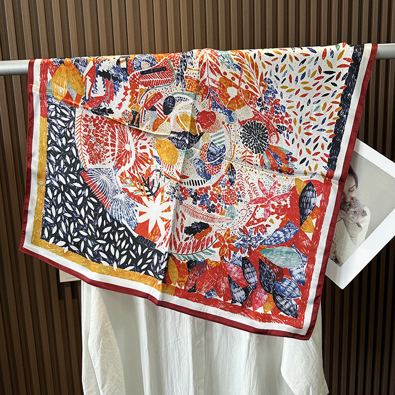 HJ12 Silk Scarf Women Spring - Striped Mulberry Square UV Protection 3