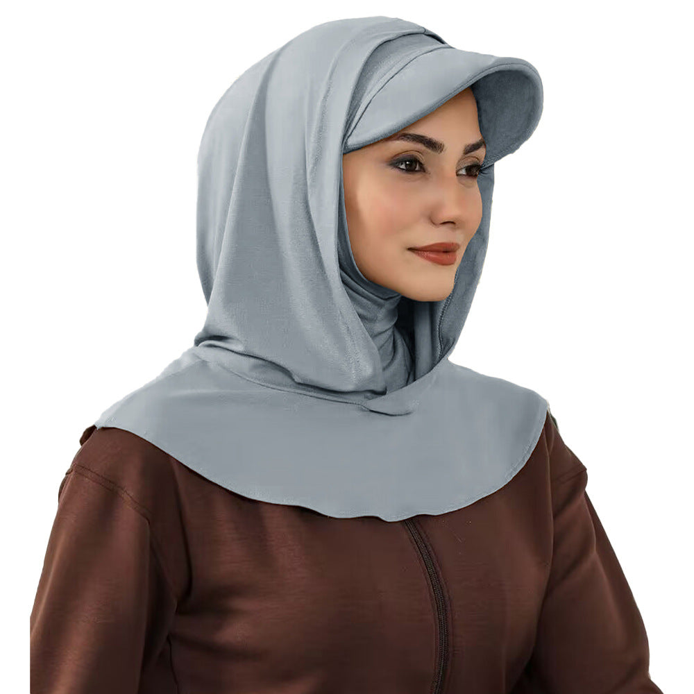 RY203 Grey Full Coverage Hijab Cap with Wide Visor – Muslim Women's Sun Protection Head Cover