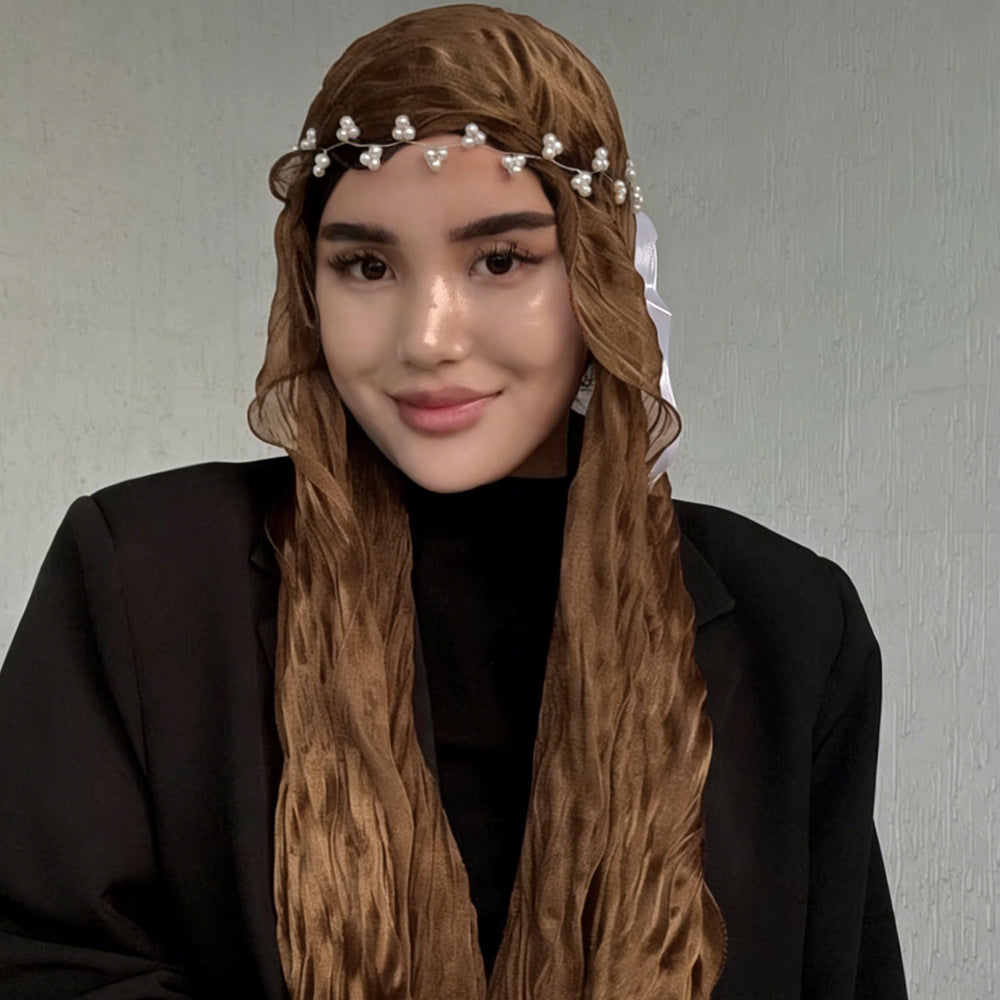 RY305 Caramel Brown Crinkled Tulle Hijab Scarf – Glossy Stretch Breathable Headscarf