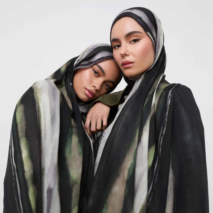 RY66 Black Olive Green Grey Brushstroke Hijab Shawl – Abstract Oil Paint Women's Head Scarf (80×180cm)