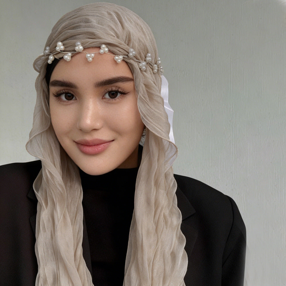 RY307 Light Coffee Crinkled Tulle Hijab Scarf – Glossy Stretch Breathable Headscarf