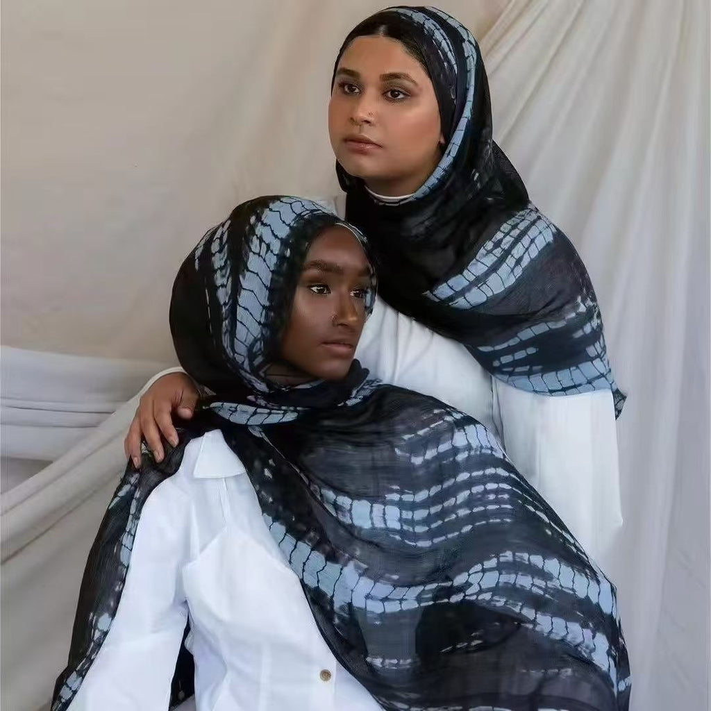 RY22 Black Shibori Grid Tie-Dye Hijab Shawl – Blue Grey Batik Women's Head Scarf (80×180cm)