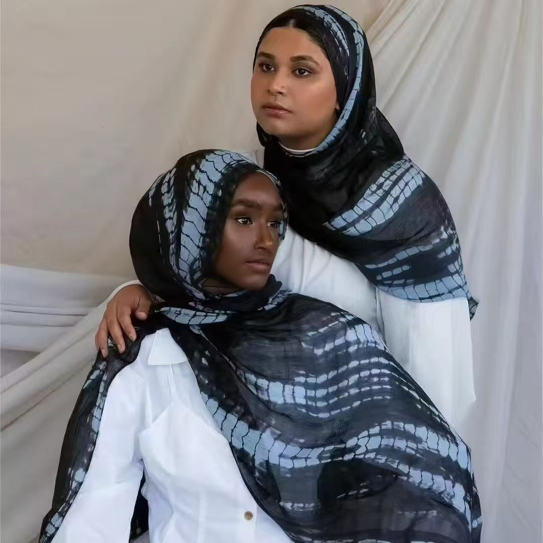 RY22 Black Shibori Grid Tie-Dye Hijab Shawl – Blue Grey Batik Women's Head Scarf (80×180cm)