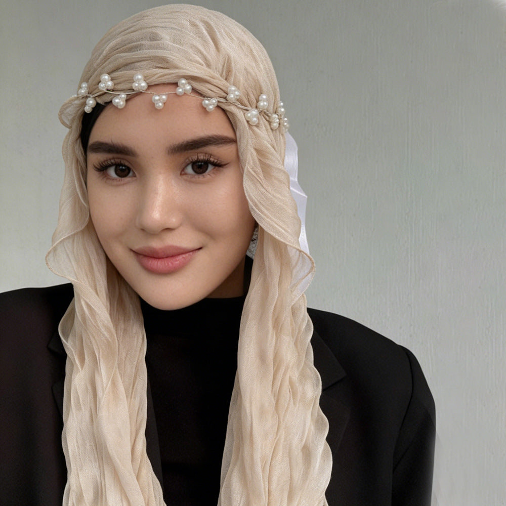 RY310 Beige Crinkled Tulle Hijab Scarf – Glossy Stretch Breathable Headscarf