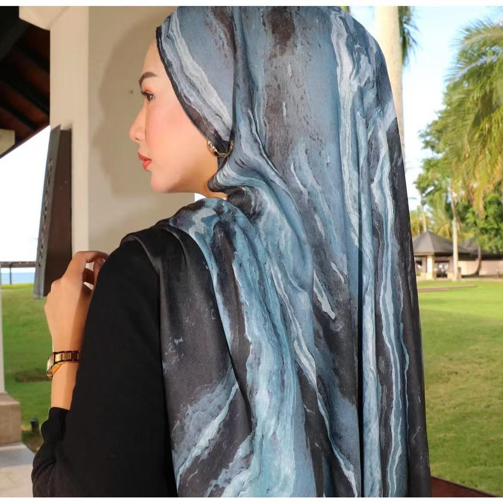 RY20 Stormy Blue Grey Marble Flow Hijab Shawl – Steel & Charcoal Watercolor Women's Head Scarf (80×180cm)