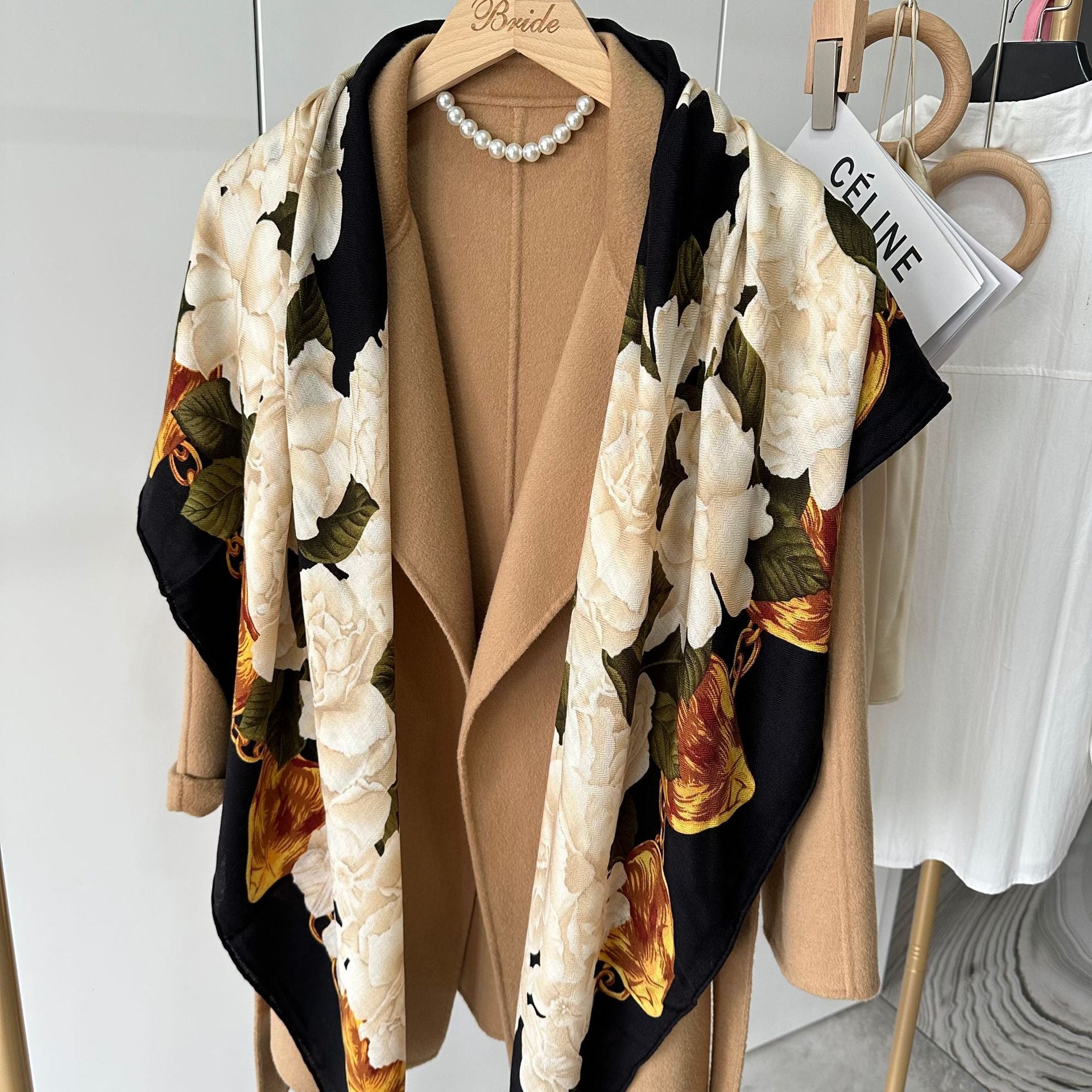 HJ11 Silk Cashmere Scarf - Warm Wool Square Shawl Tropical Print