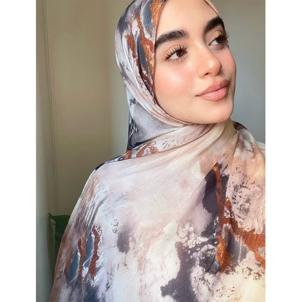 RY122 Sand Grey Rust Brown Abstract Ink Wash Hijab Shawl – Earthy Watercolor Women's Head Scarf (80×180cm)