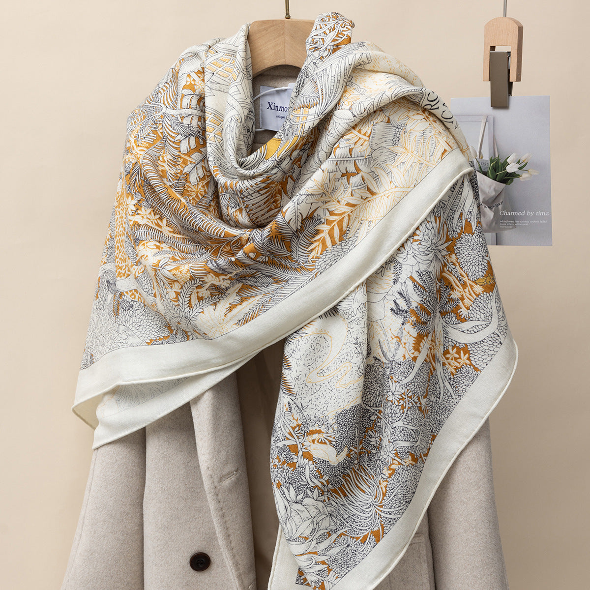 HJ11 Silk Cashmere Scarf - Warm Wool Square Shawl Tropical Print