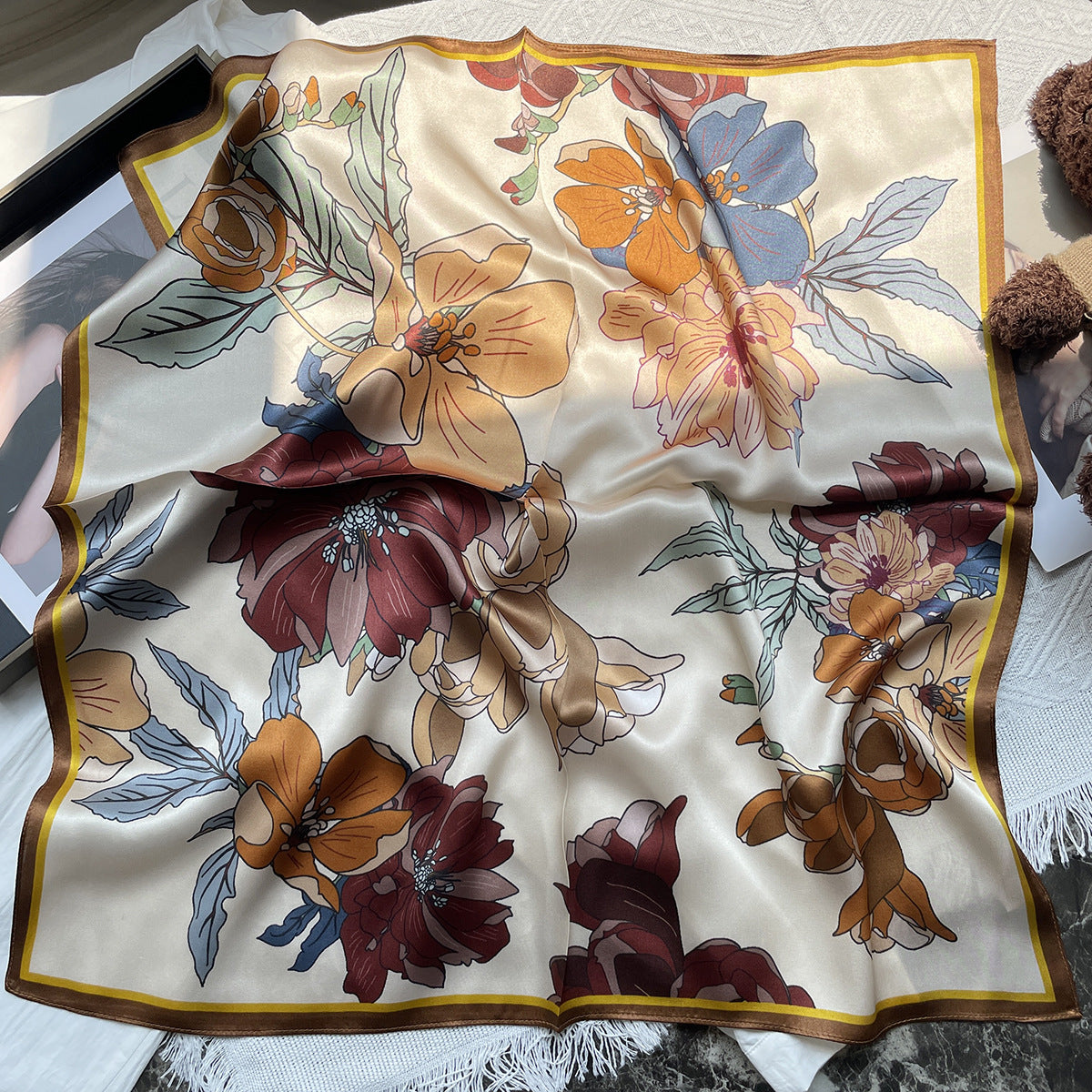 HJ12 Silk Scarf Women Spring - Striped Mulberry Square UV Protection 3