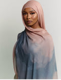 RY63 Rose Pink to Slate Blue Ombre Hijab Shawl – Watercolor Gradient Women's Head Scarf (80×180cm)