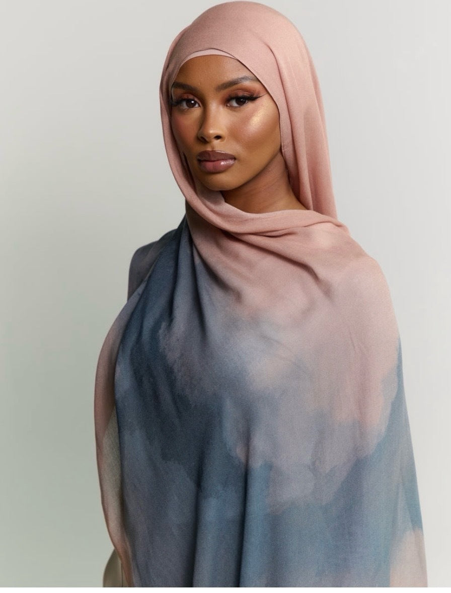RY63 Rose Pink to Slate Blue Ombre Hijab Shawl – Watercolor Gradient Women's Head Scarf (80×180cm)