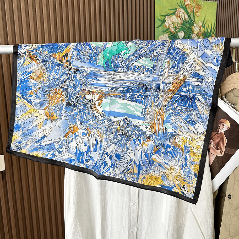 HJ12 Silk Scarf Women Spring - Striped Mulberry Square UV Protection 3