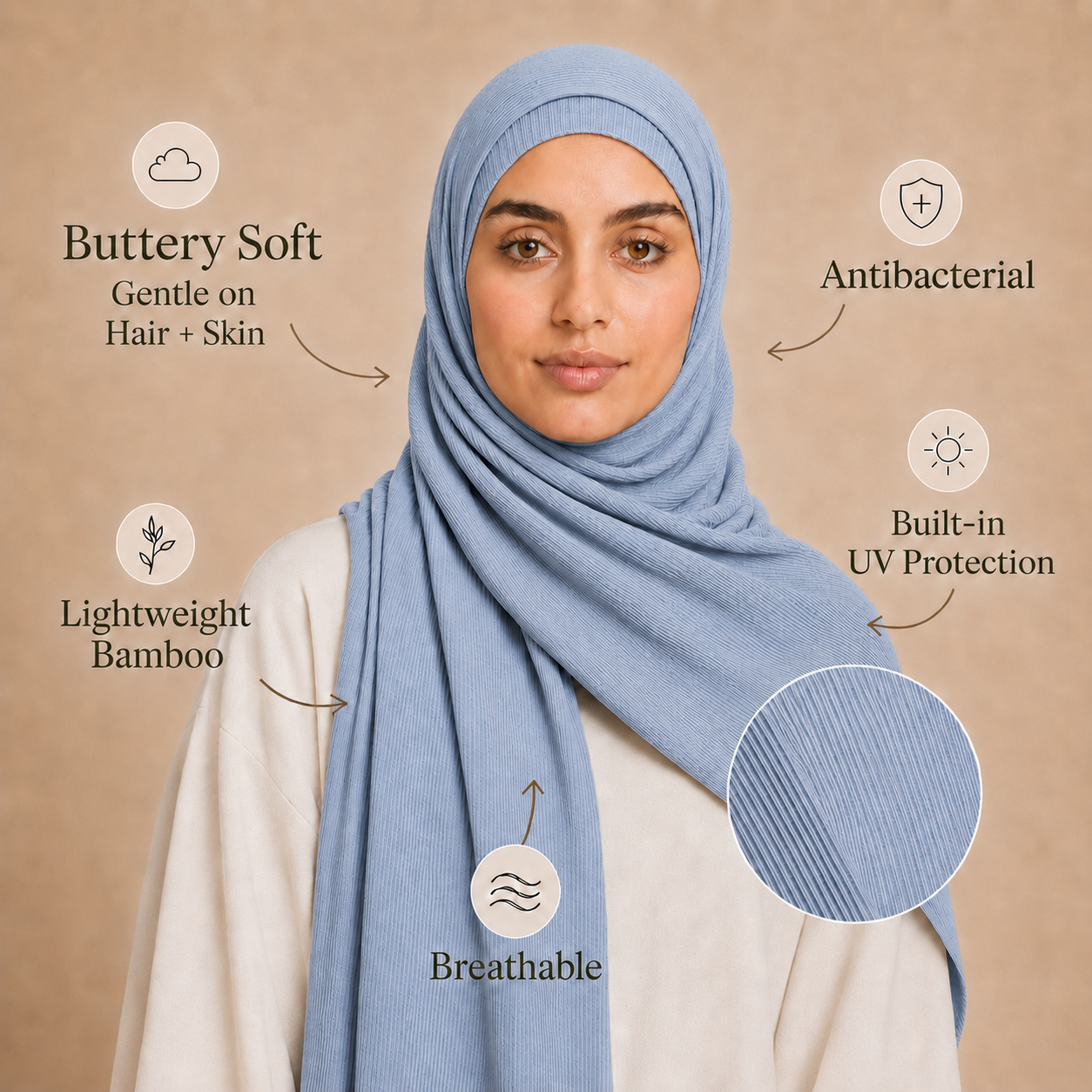 RY226 Powder Blue Cotton Ribbed Jersey Hijab Scarf – Soft Stretch Breathable Headscarf