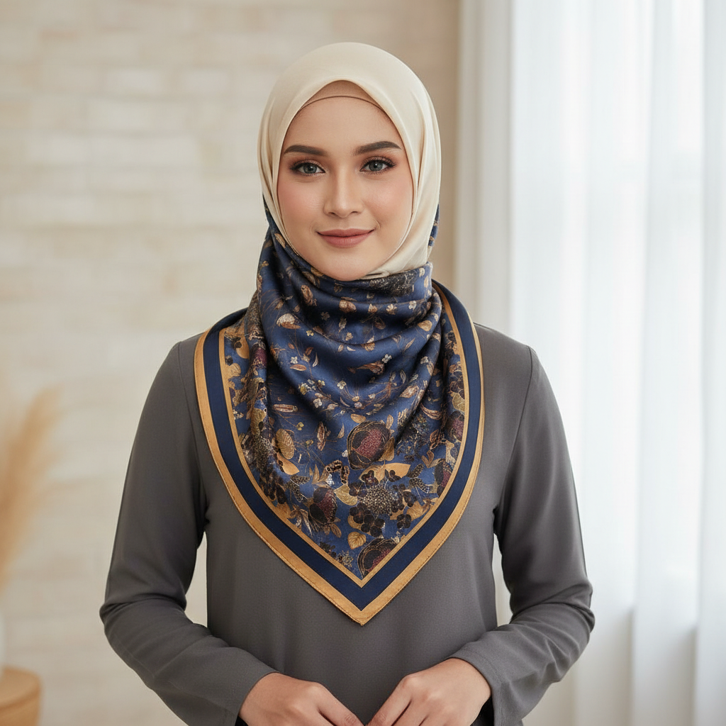 Floral Bird Pattern Silk Scarf - Muslim Model
