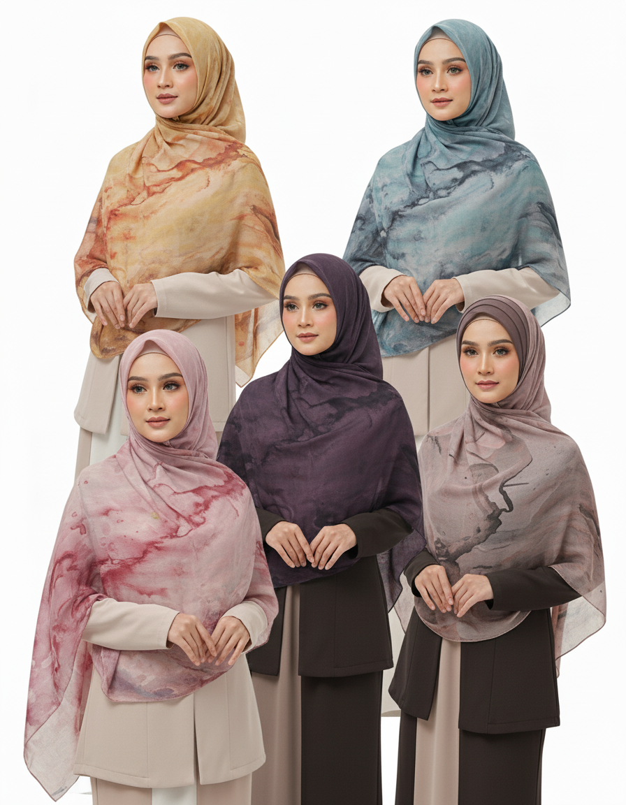 HJ01 Muslim Hijab Scarf - Soft Modal Ink Print Headscarf for Women | Breathable Lightweight Shawl